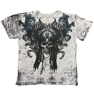 Affliction Horned Skull Head Dress Rare Distressed Short Sleet Shirt Mens Small